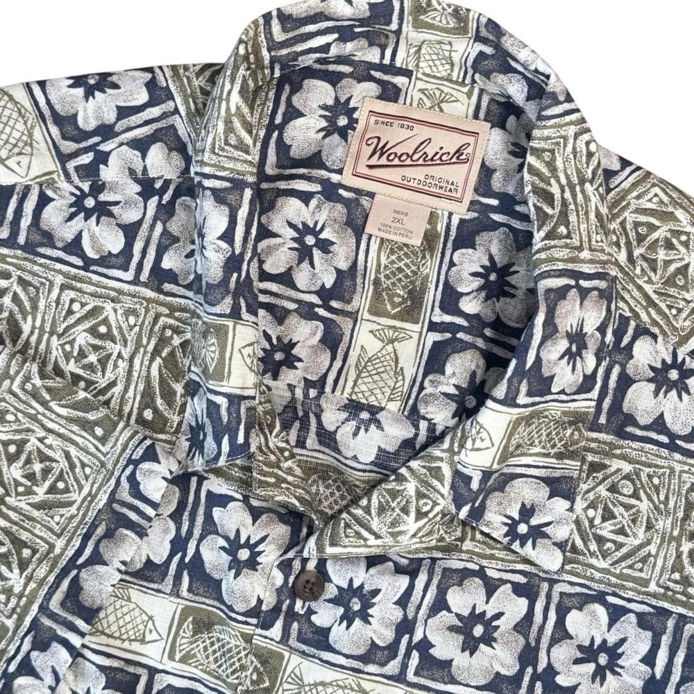 Woolrich Mens 2XL Blue Green Tropical Short Sleeve Button Front Shirt